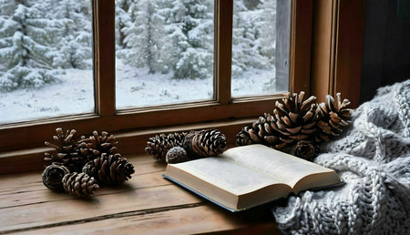A snowy winter scene viewed from a cozy cabin window. Pine cones, a book, and a knit blanket complete the picture of peaceful winter relaxation.の写真素材