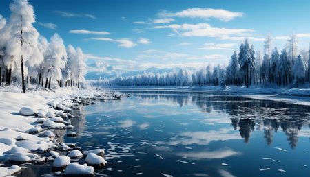 A breathtaking winter scene featuring snow-laden trees reflected in a pristine lake under a bright...