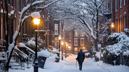 A man walks down a snow-covered street at night, illuminated by warm streetlights. Cozy winter scene.の写真素材