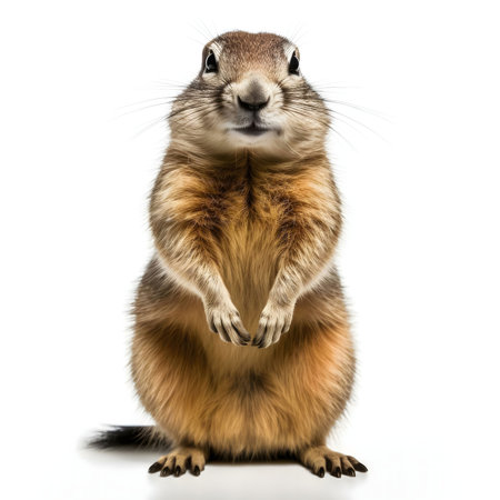 A captivating image of a prairie dog standing on its hind legs, against a clean white backdrop. Its fluffy coat and endearing expression make it irresistibly cute.の写真素材