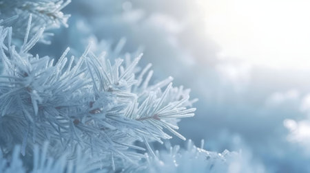 Close-up view of a frost-covered pine branch in a winter scene. Icy crystals clinging to the needles.の写真素材