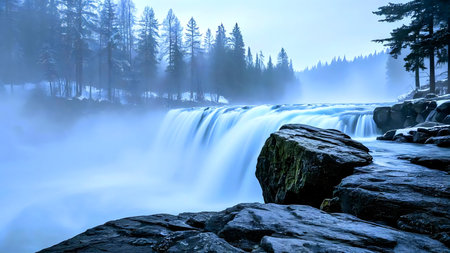 Stunning winter waterfall scene, misty forest, serene atmosphere, long exposure photography.の写真素材