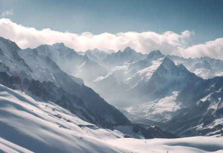 Stunning winter mountain range. Snow covered peaks and serene valley. Breathtaking view.の写真素材