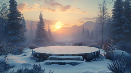 Snowy stone platform at sunrise in a magical winter forest, mountains in the background.の写真素材