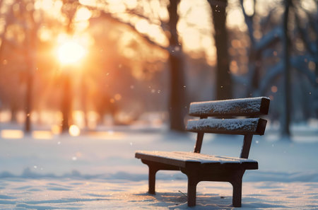 A snow-covered bench sits in a park at sunset during winter. The scene is peaceful and serene.