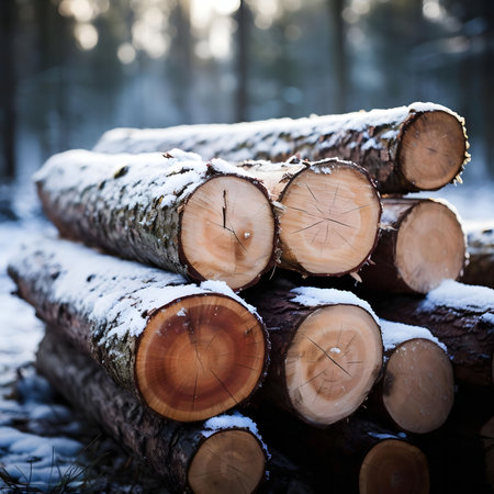 Snow-covered logs stacked in a serene winter forest. A tranquil scene of nature's beauty