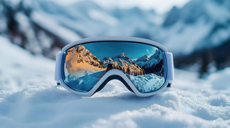 Ski goggles resting in the snow, reflecting a stunning mountain range. Winter wonderland.の写真素材