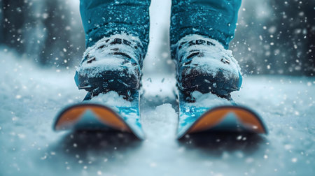 Close-up of skis and boots in fresh snow during winter, capturing the essence of skiing.の写真素材