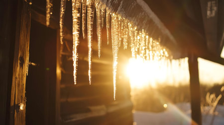 Icicles glistening in the golden sunset light, hanging from a rustic wooden structure. A captivating winter scene.の写真素材