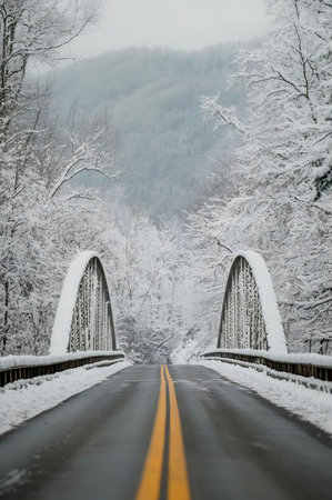 A picturesque winter scene of a snow-covered bridge and road leading through a snowy forest. Serene...