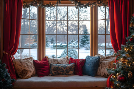 A comfy window seat, perfect for Christmas, overlooking a snow covered landscape.