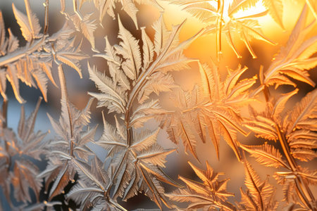 Intricate frost patterns on a window pane, illuminated by a warm winter sunrise. A beautiful natural art.の写真素材