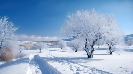A picturesque winter scene featuring snow-covered trees and a winding path across a pristine snowy...