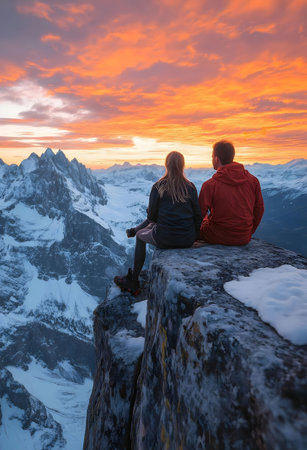 Couple enjoying a magical sunset from a mountaintop. Stunning view, winter wonderland.
