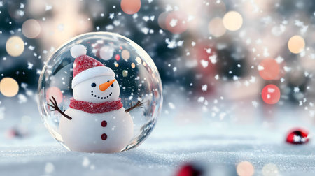 A charming snowman inside a crystal ball, surrounded by falling snow and festive lights. A perfect...