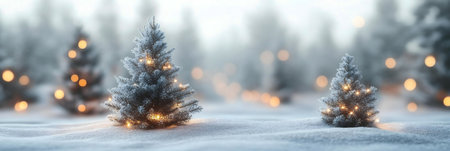Miniature Christmas trees adorned with warm lights in a snow-covered forest. Festive winter scene.の写真素材