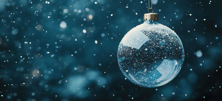 A frosted glass Christmas ornament hangs against a snowy backdrop. The image evokes winter's charm.の写真素材