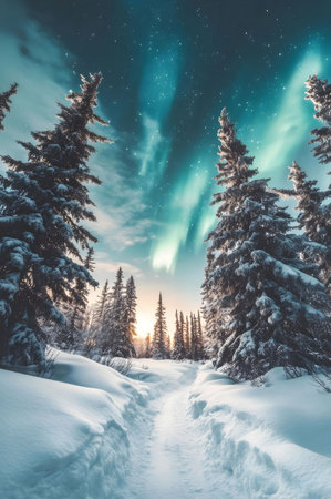 Snowy path through a winter forest under a breathtaking aurora borealis display.