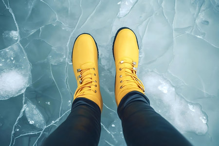 Person wearing yellow boots standing on a frozen lake. The ice is cracked and reflects the sky.の写真素材