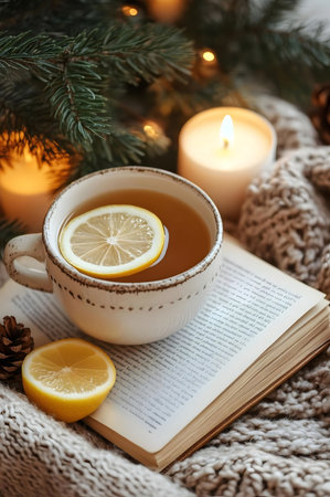 A warm cup of lemon tea sits on a book, surrounded by candles and a cozy knit blanket. Perfect winter scene.の写真素材