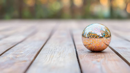 A shimmering, decorative ball rests on a weathered wooden deck, autumnal colors blurred in the background.の写真素材