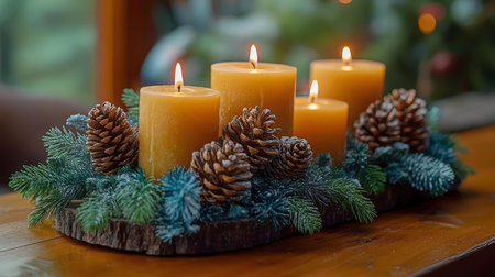 A rustic wooden centerpiece featuring three lit amber candles surrounded by pine cones and snowy...