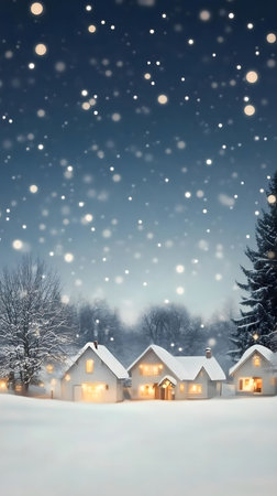 Snow covered houses glow warmly at night, a magical winter scene.の写真素材