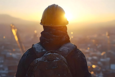 A construction worker stands silhouetted against a cityscape at sunset. The sun creates a golden...