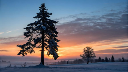 A snow-covered pine tree stands alone, silhouetted against a breathtaking sunrise. The colors of the winter sky are vivid and stunning.の写真素材