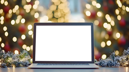 Laptop with blank screen, Christmas lights bokeh background. Perfect for holiday designs.の写真素材