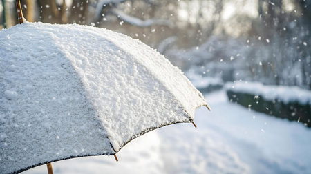 A close-up of a snow-covered umbrella in a winter scene. Snow falls softly around it.の写真素材