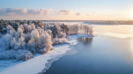 A breathtaking aerial view of a frozen lake surrounded by snow-covered trees during a beautiful winter sunrise.の写真素材