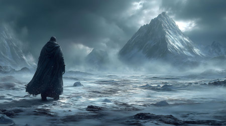 A lone figure stands in a frozen, vast landscape, facing a towering snow-capped mountain. The scene is atmospheric and evokes a sense of solitude and adventure.の写真素材