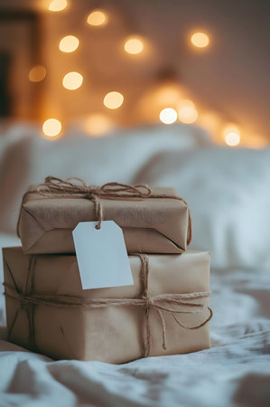 Two presents wrapped in brown paper with a blank tag on a bed. Soft warm lights in background.の写真素材