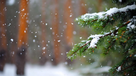 Snow falling on a pine branch in a winter forest. Peaceful and serene winter scene.