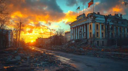 A captivating sunset casts an orange glow over a city reduced to ruins. The scene evokes a sense of loss and the destructive power of war.の写真素材