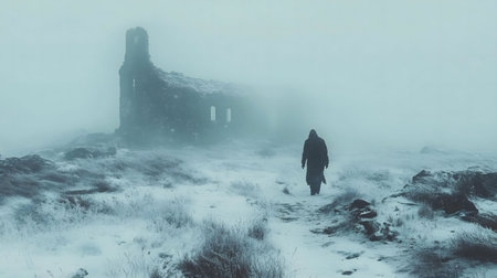 A lone figure walks toward ancient ruins shrouded in a thick winter fog. A sense of mystery and solitude pervades the scene.の写真素材