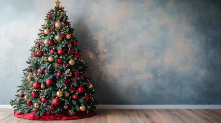 A beautifully decorated Christmas tree with red and gold ornaments against a textured wall. Festive and joyful atmosphere.の写真素材