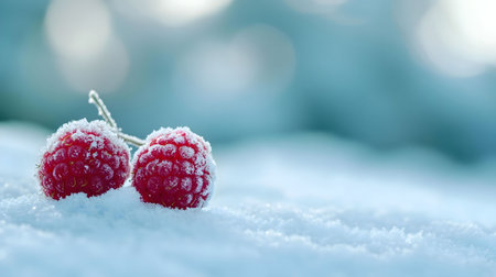 Two frost-covered raspberries sit nestled in the snow. A winter wonderland scene.の写真素材
