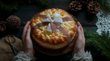 Close-up of a delicious homemade cake decorated with a ribbon, festive setting.