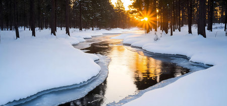 Stunning winter sunset reflecting on a frozen river flowing through a snowy pine forest. Peaceful and serene.の写真素材