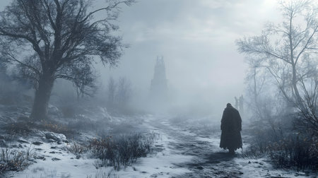 A lone figure walks towards a castle in a misty winter landscape. The scene is filled with mystery and a sense of adventure.の写真素材
