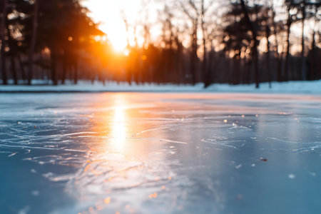 Stunning sunset over a frozen lake. Winter wonderland scene, peaceful and serene.