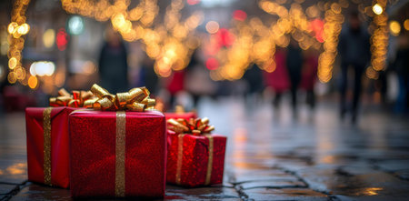 Red gift boxes with golden bows sit on a wet cobblestone street, with blurred festive lights in the background.の写真素材