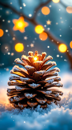 A snow-covered pinecone glows magically in the winter night, surrounded by warm lights and falling snow.の写真素材
