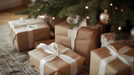 Beautifully wrapped gifts sit under a decorated Christmas tree, creating a warm and inviting holiday...