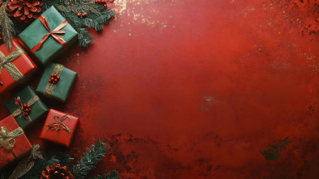 Festive Christmas background with beautifully wrapped presents in red and green, adorned with pine and berries.の写真素材