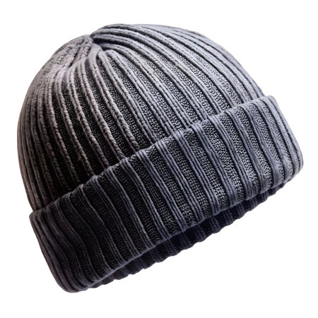 Close-up of a stylish gray ribbed knit beanie hat. Perfect for cold weather.の写真素材