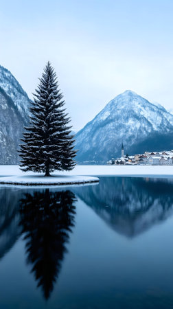 A single pine tree stands on a small island in a frozen lake, mirroring the snow-covered mountains and a charming village.の写真素材