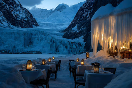 Romantic dinner setting amidst a breathtaking glacier and snow-covered mountains at night.の写真素材